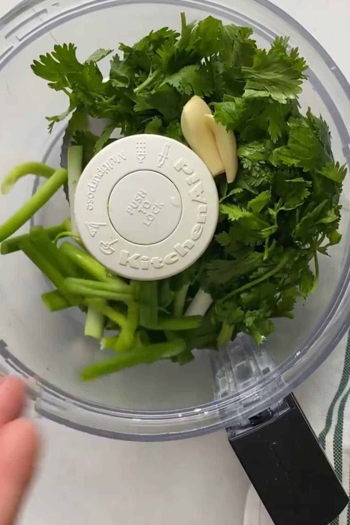 Green herbs and garlic in a food processor jar.
