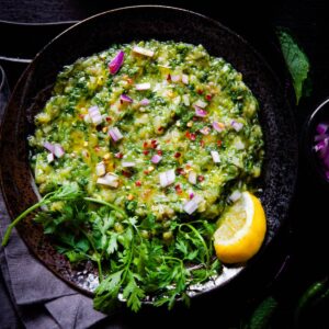 Green Baingan Bharta Featured Image.