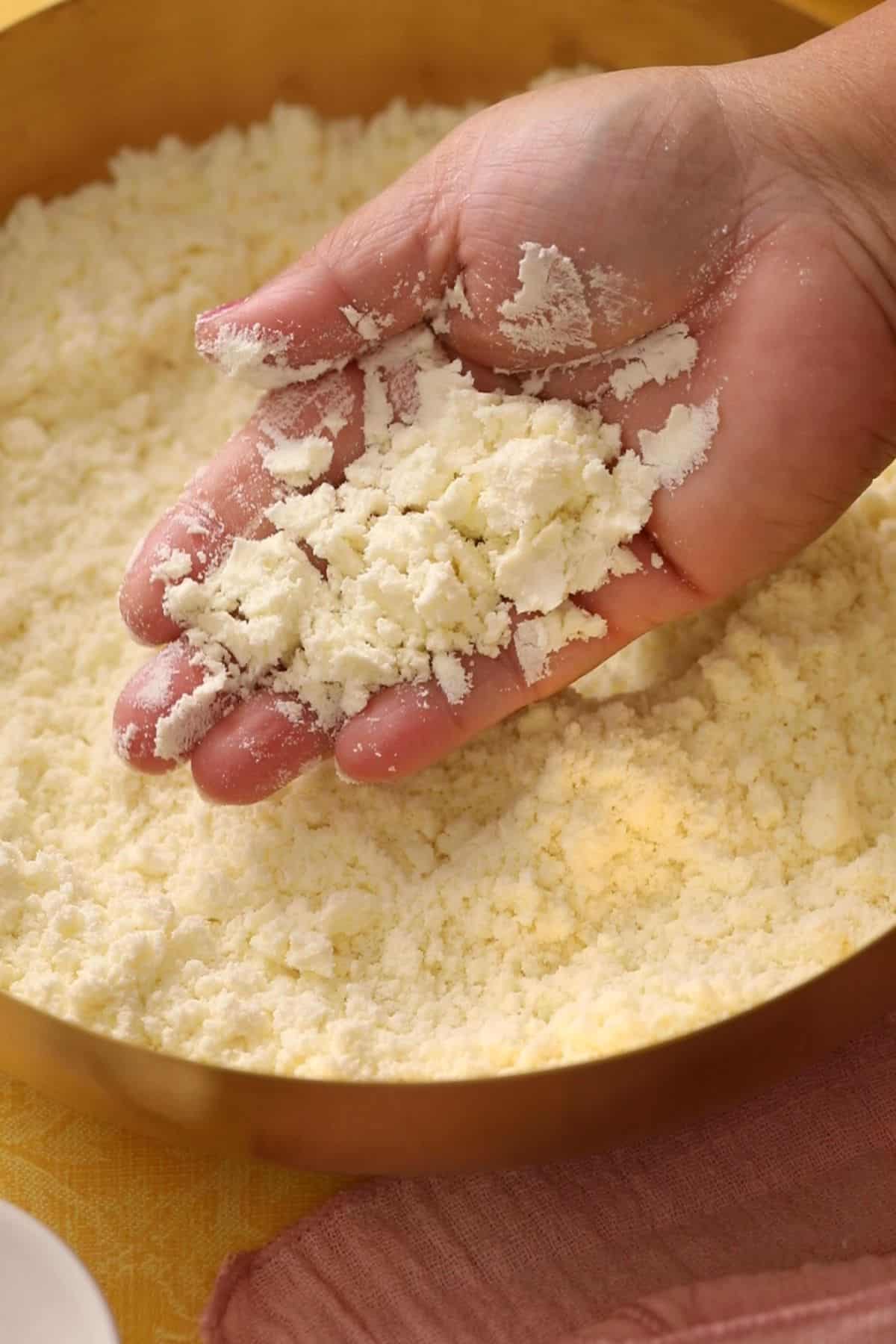 Flour mixture for gulab jamun resembles crumbs.