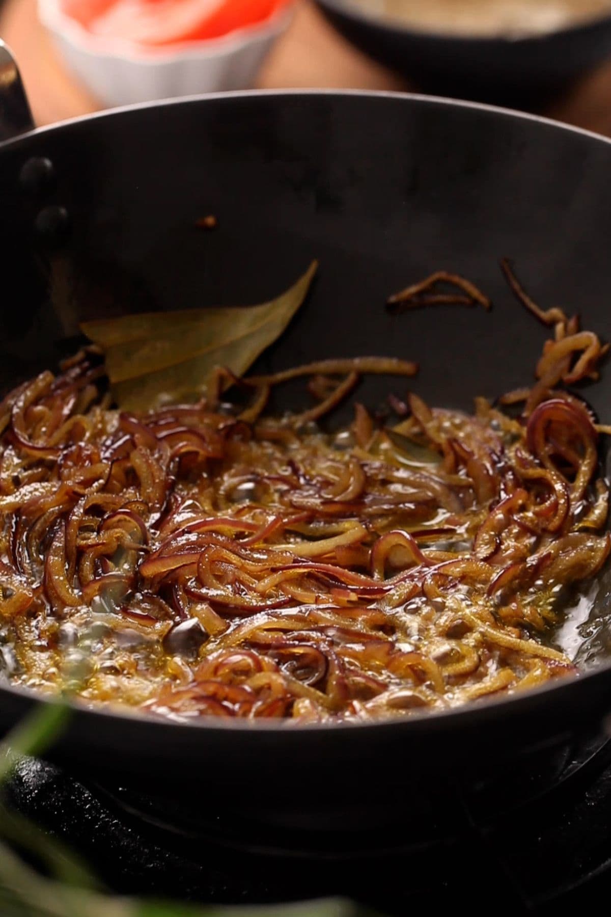 Golden brown fried onions.