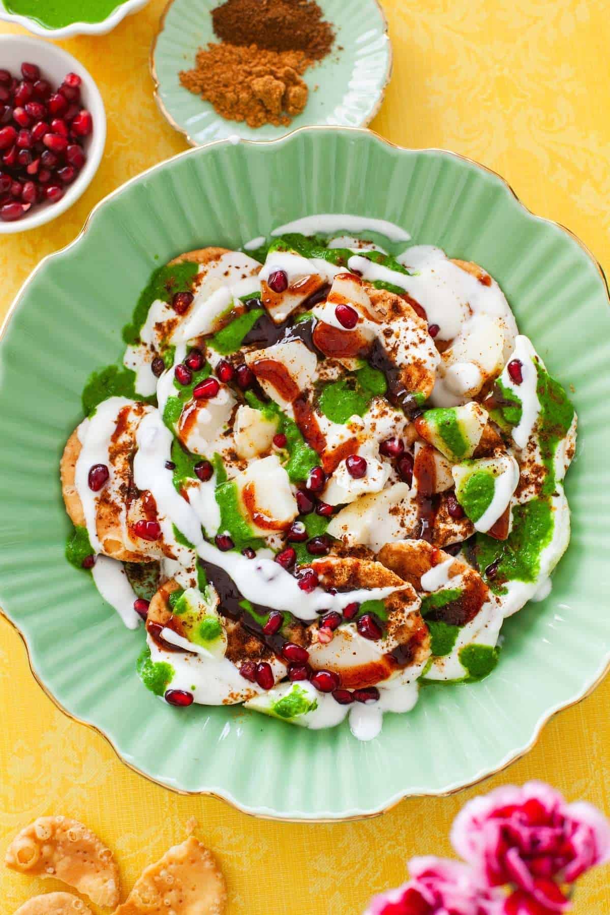 IMG_2079 Close up of papdi chaat in a green serving bowl.