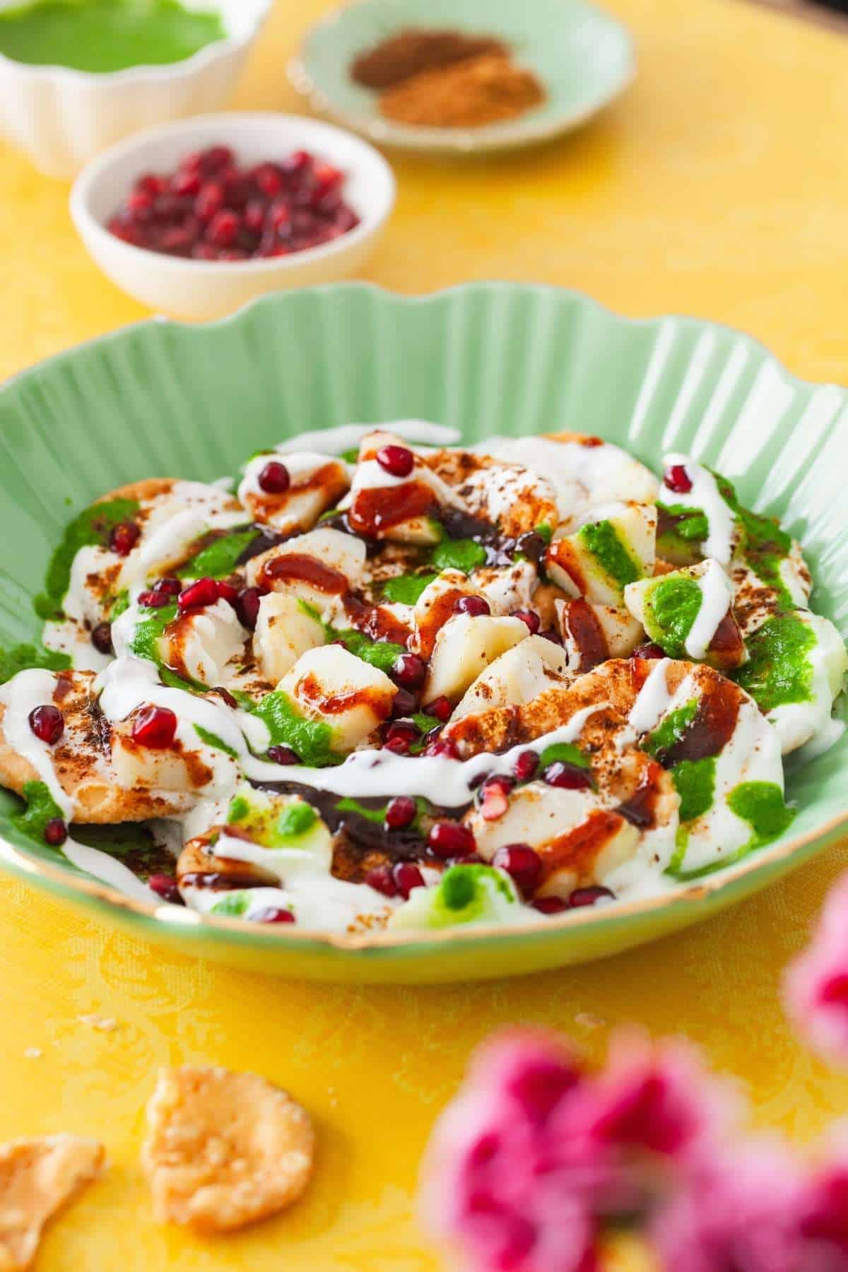 IMG_20571 Side view of a plate of papri chaat.