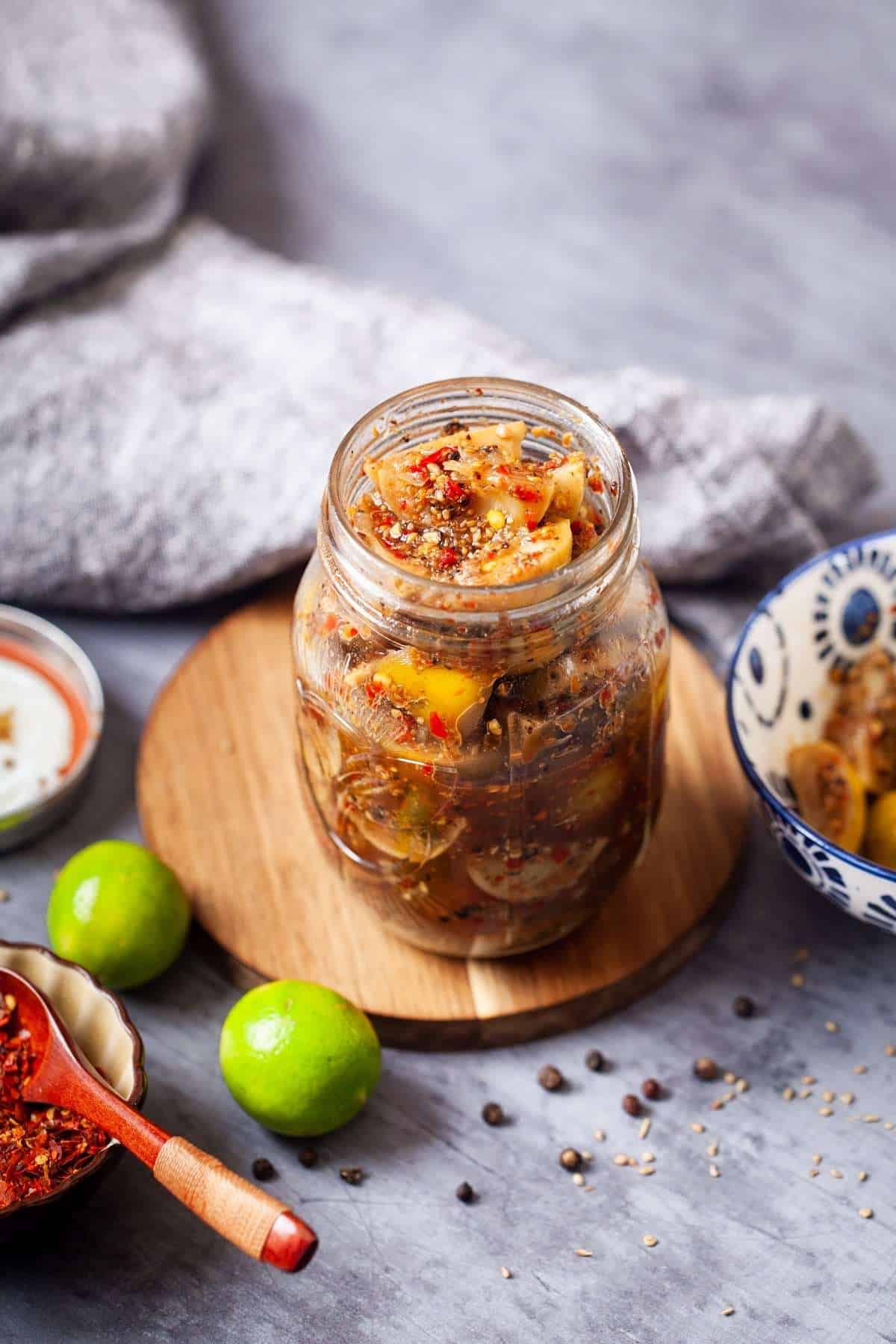 Indian Lemon Pickle in a Mason Jar.