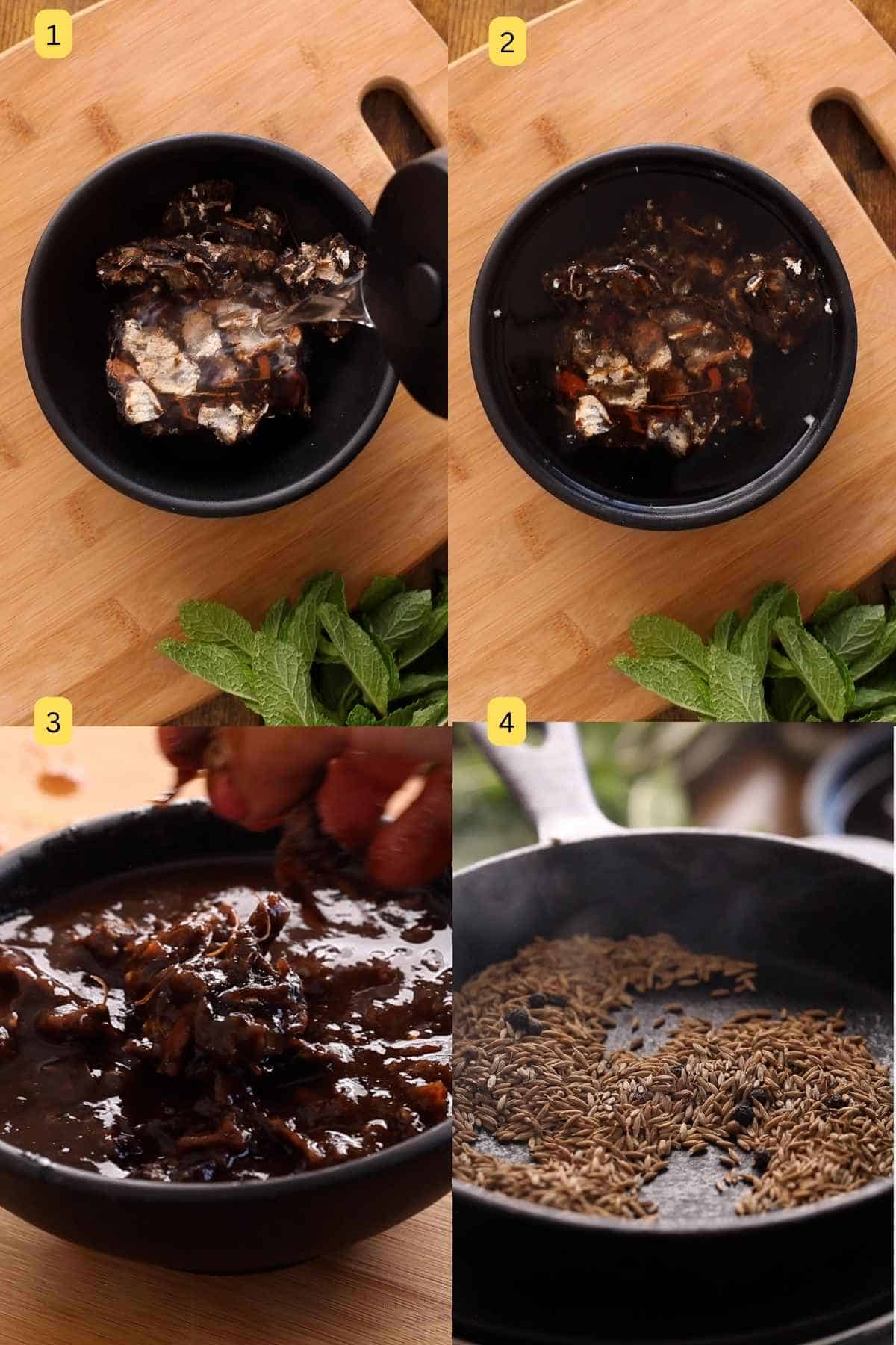 Step photos showing soaking tamarind in hot water to make tamarind pulp and roasting cumin seeds. 