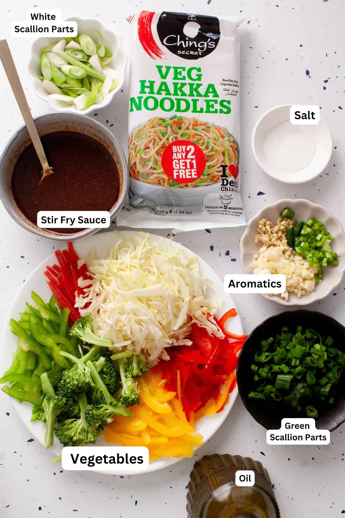 Ingredients Needed to Make Vegetable Hakka Noodles placed on a stone background.