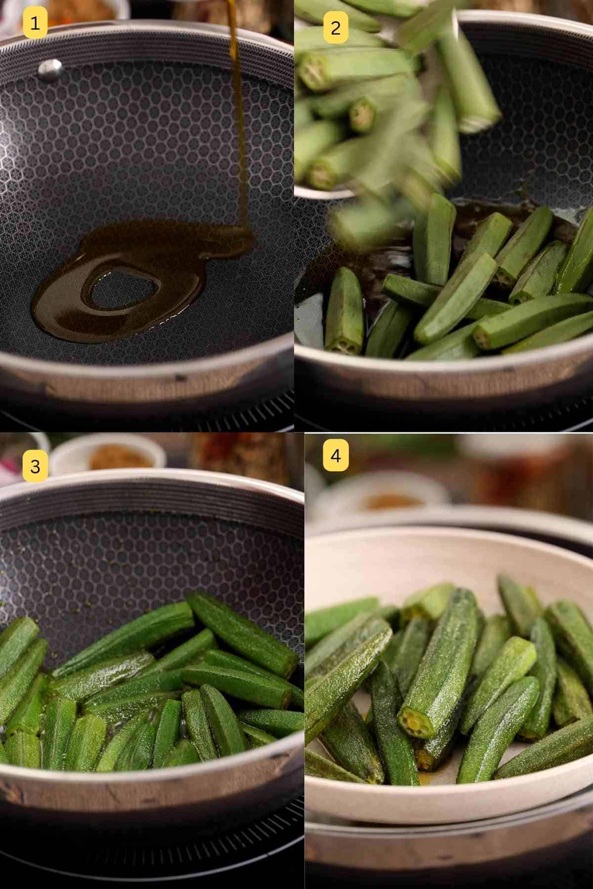 Photos showing steps of how to shallow fry fresh okra.