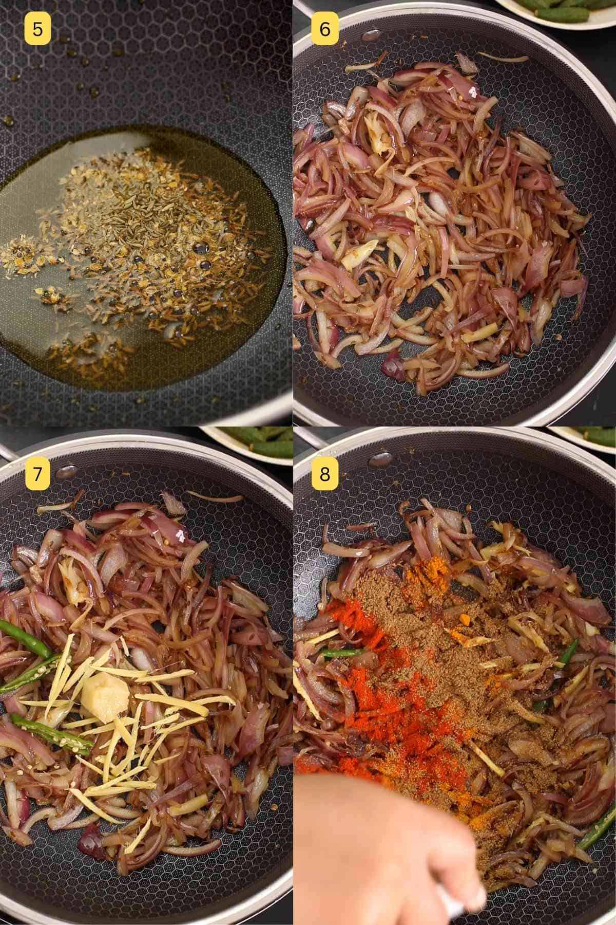 Photos of making the onion base for bhindi do piaza in a cooking pan. 