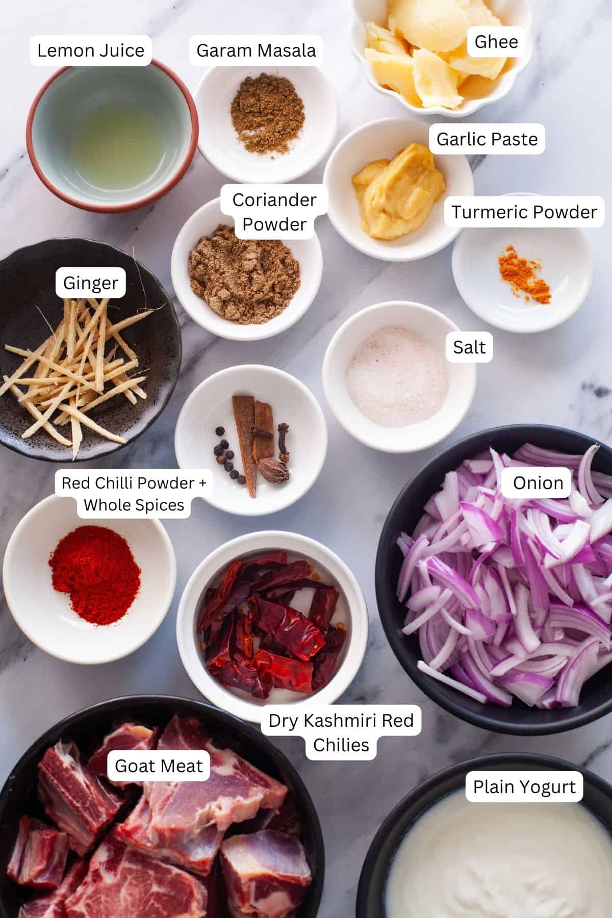 Ingredients needed for making laal maas.