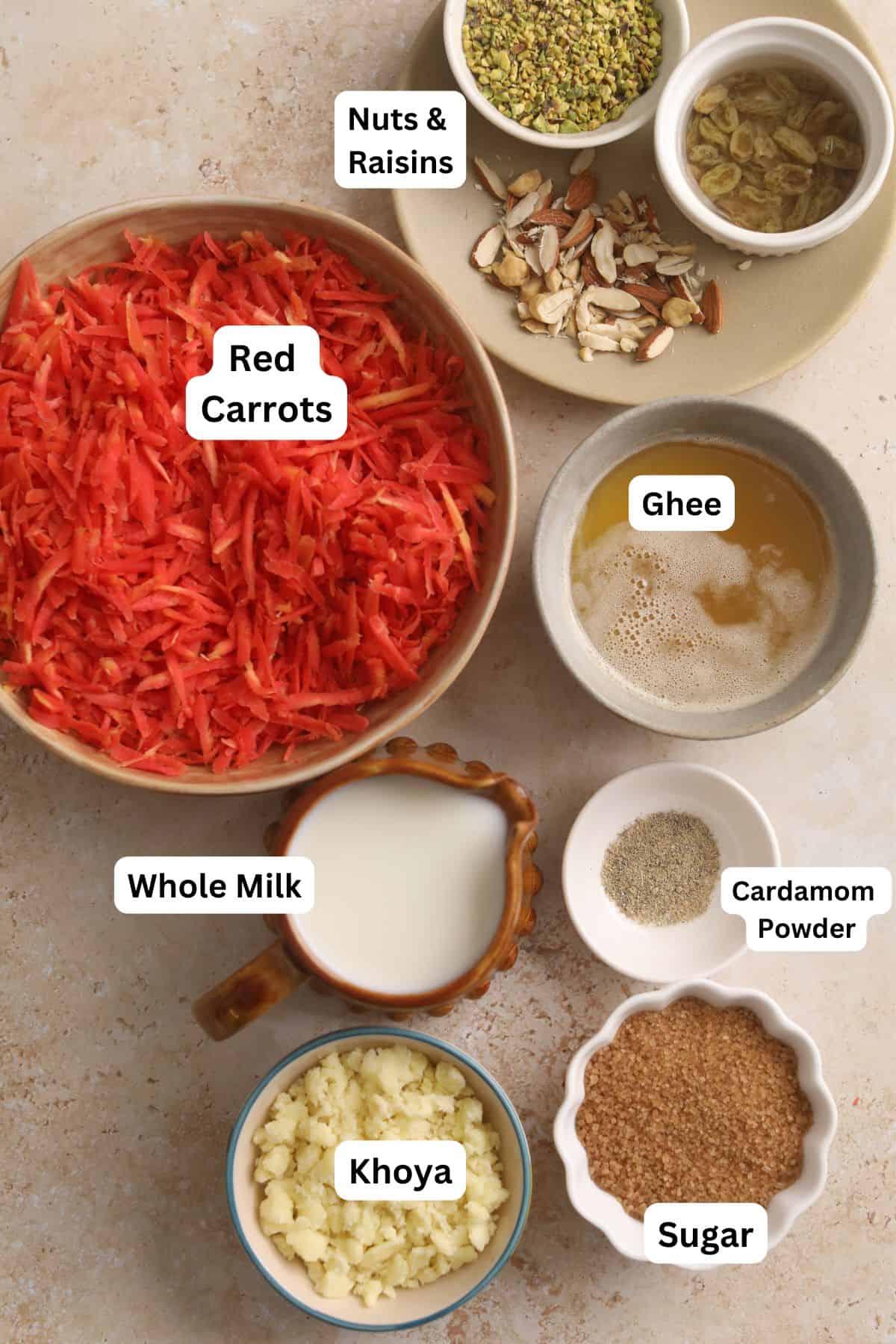 Ingredients Needed to make carrot halwa.