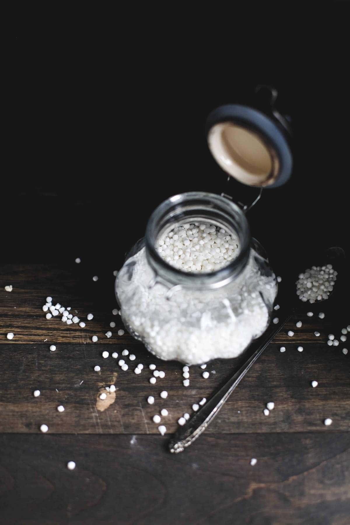 Sabudana pearls in a glass jar.