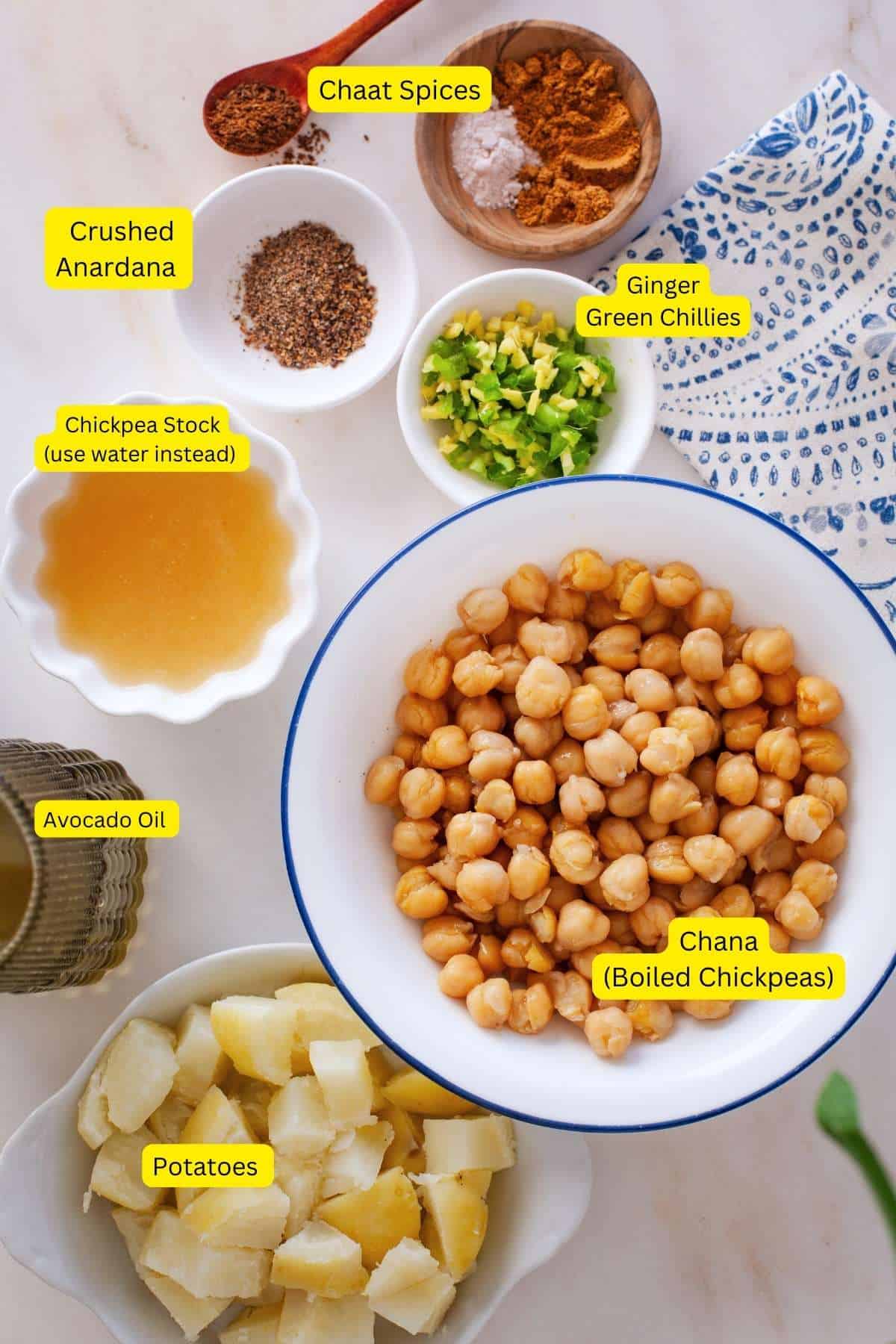 Ingredients for cooking the chana and potatoes.