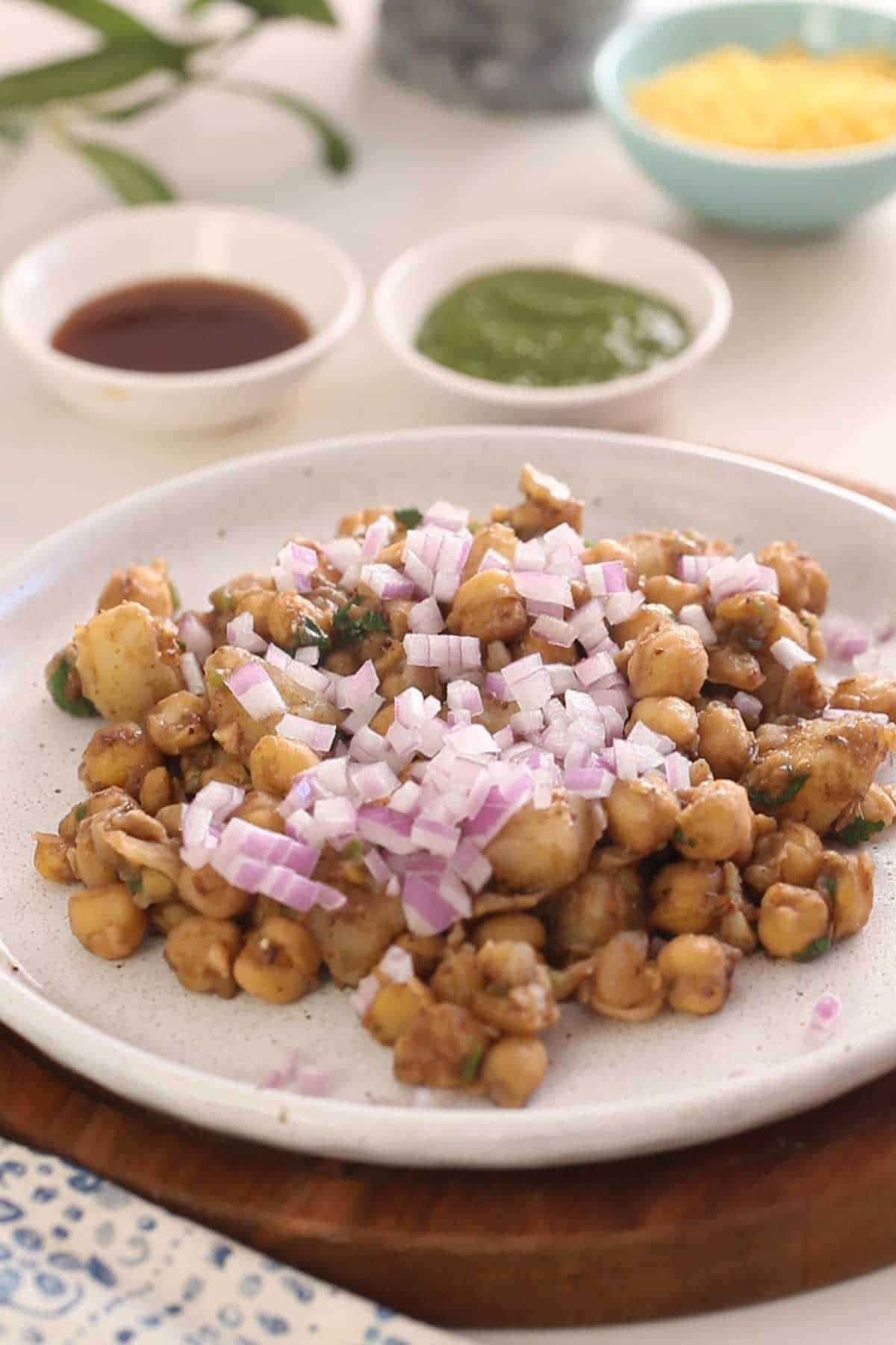 Warm chana mixture toped with onions.