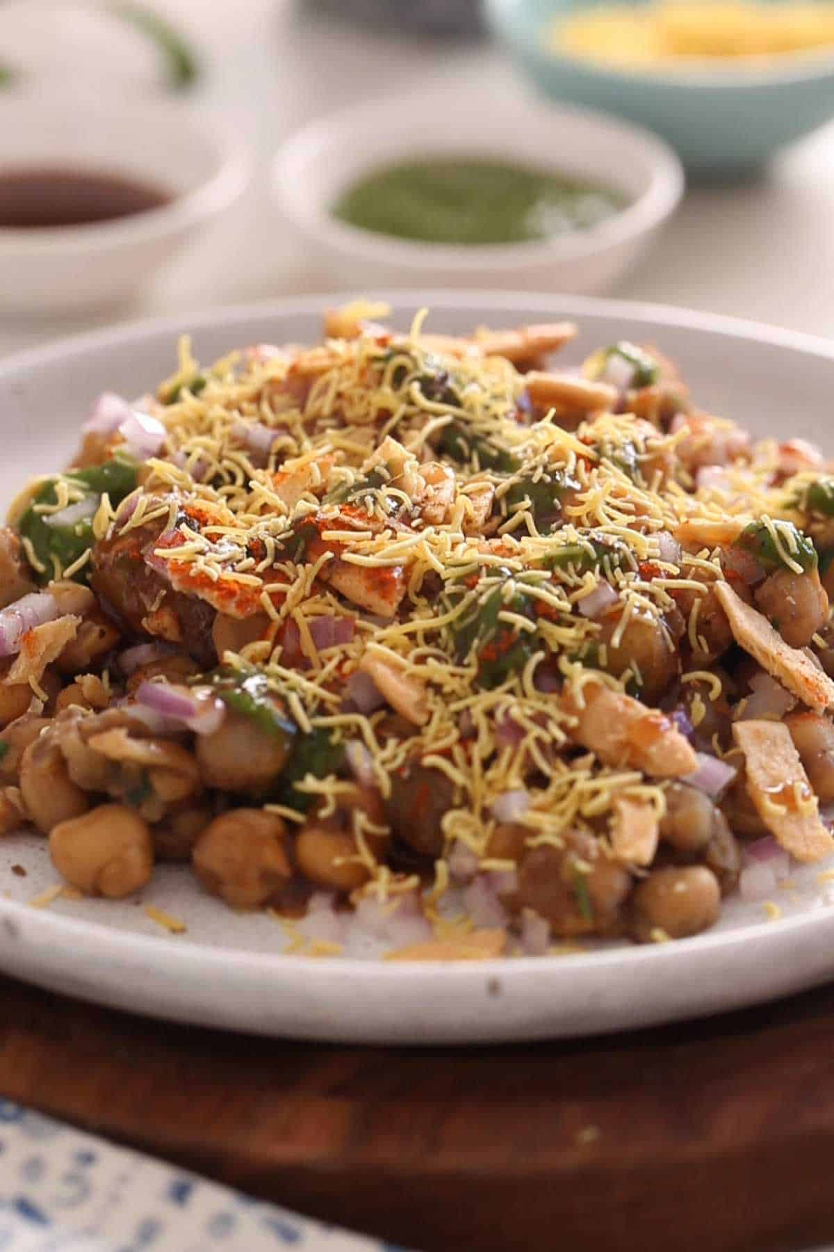 A plate of warm chana chaat.