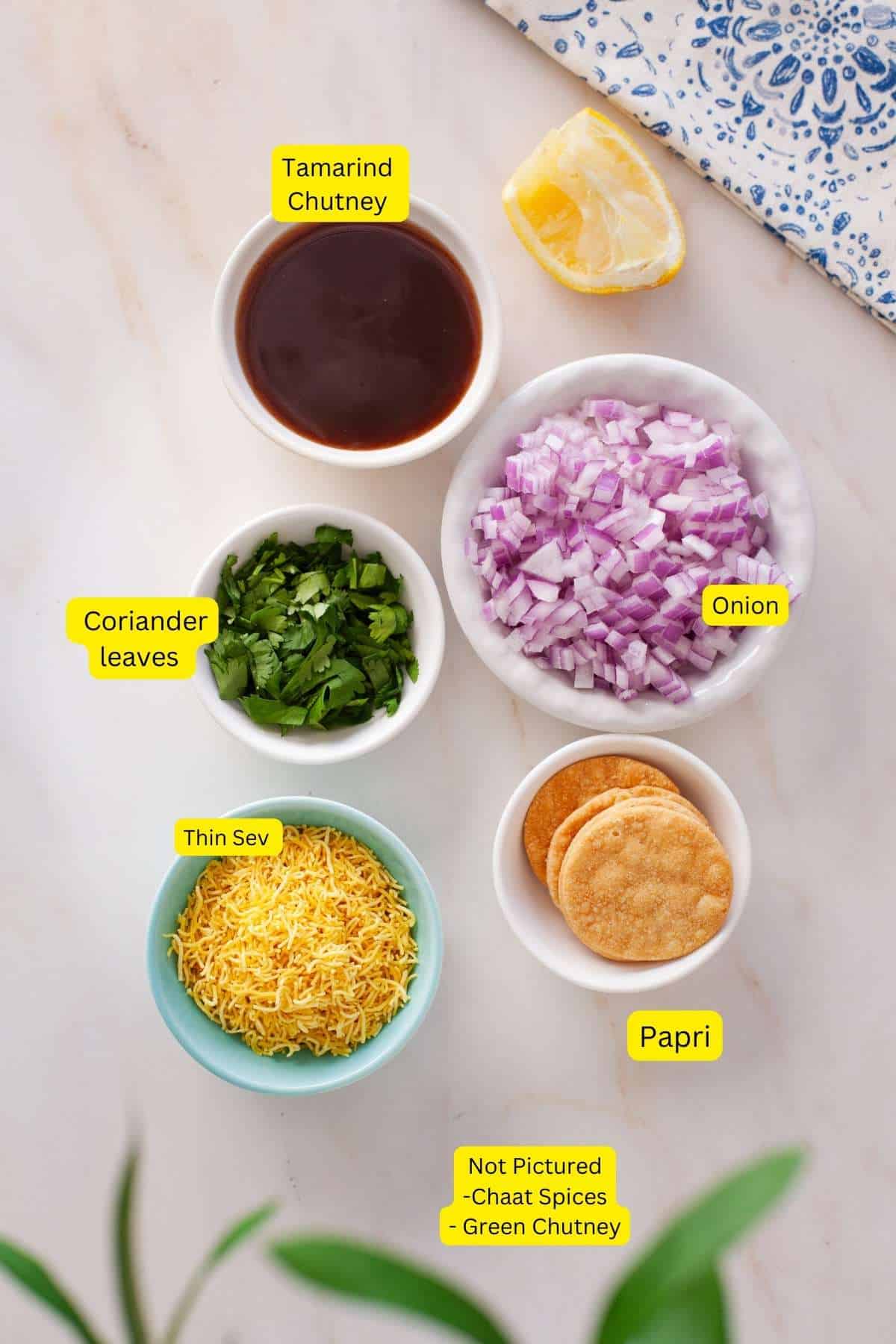 Ingredients for assembling the chana chaat.