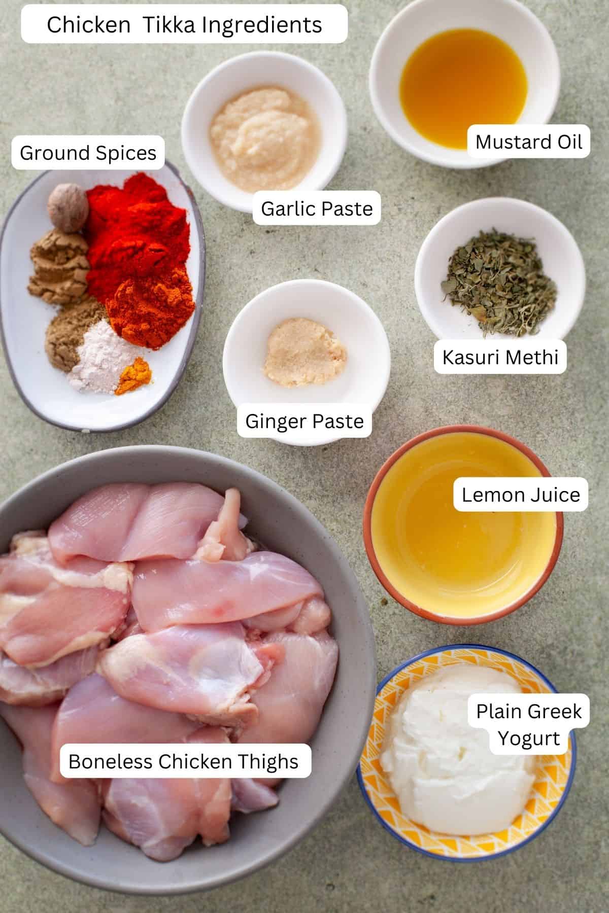 Ingredients needed to make tandoori chicken tikka.