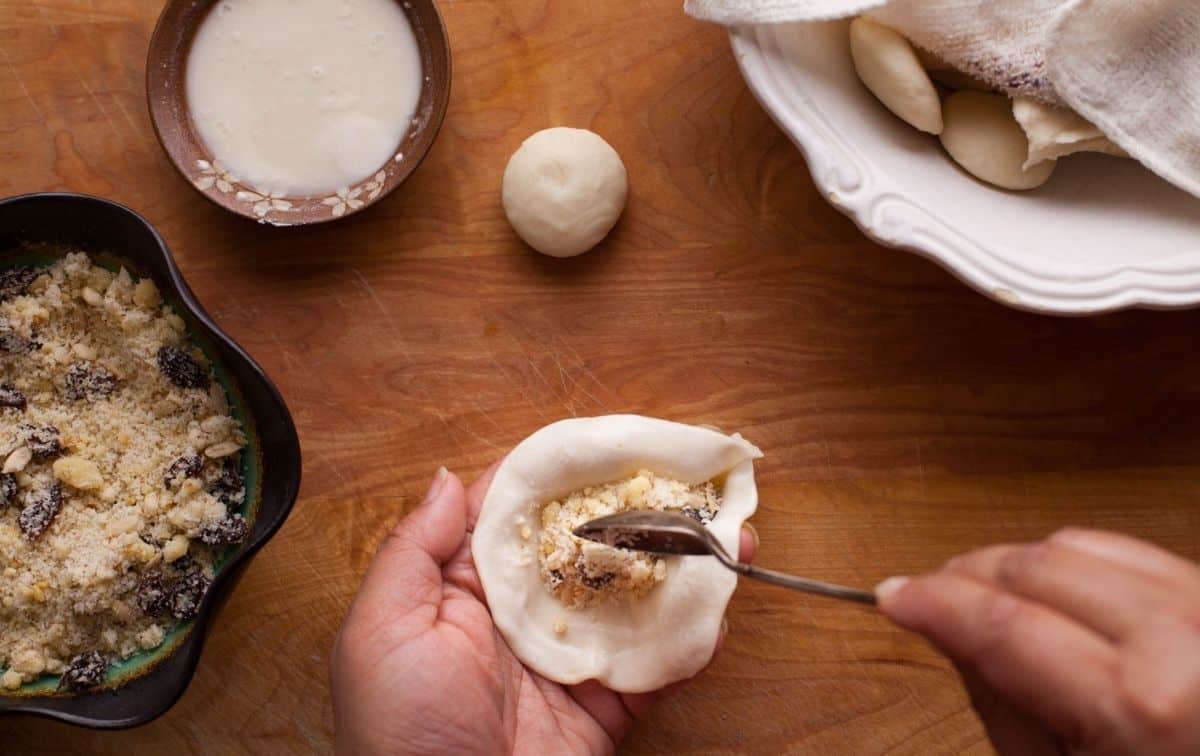 Mawa filling is added to the dough