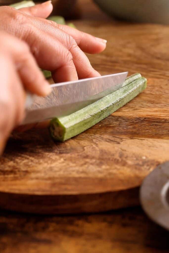 Slit the Okra lengthwise with a sharp knife.
