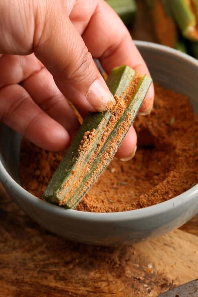 Stuffed okra pod ready to cook.