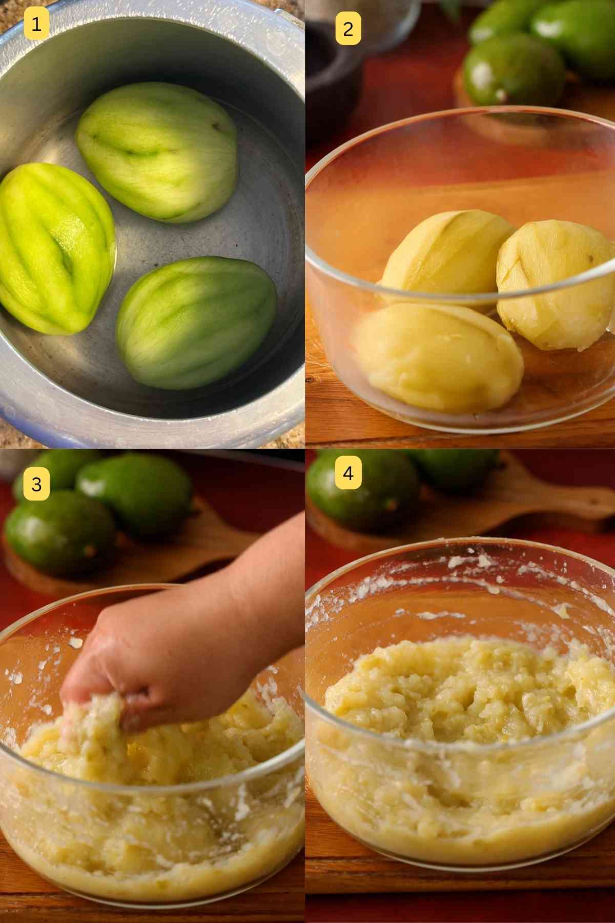 Step photos showing how to prepare, pressure cook and mash green unripe mangoes.