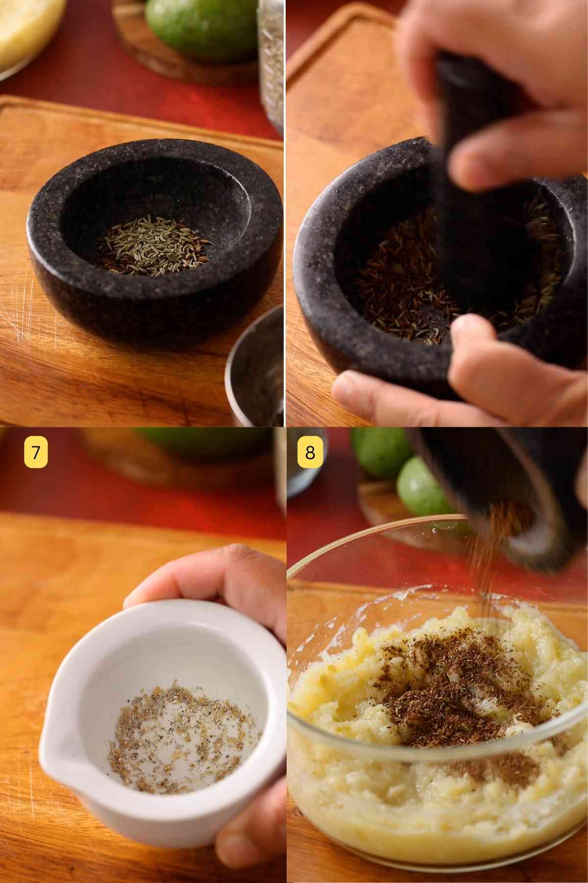 step photos showcasing crushing the spices for making indian green mango cooler.