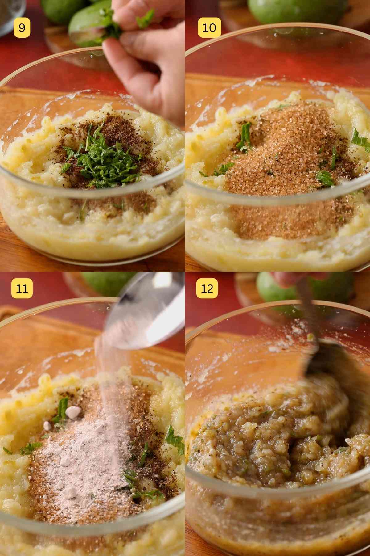 step pictures showing how to make aam panna concentrate from the boiled raw mangoes, spices and sugar.