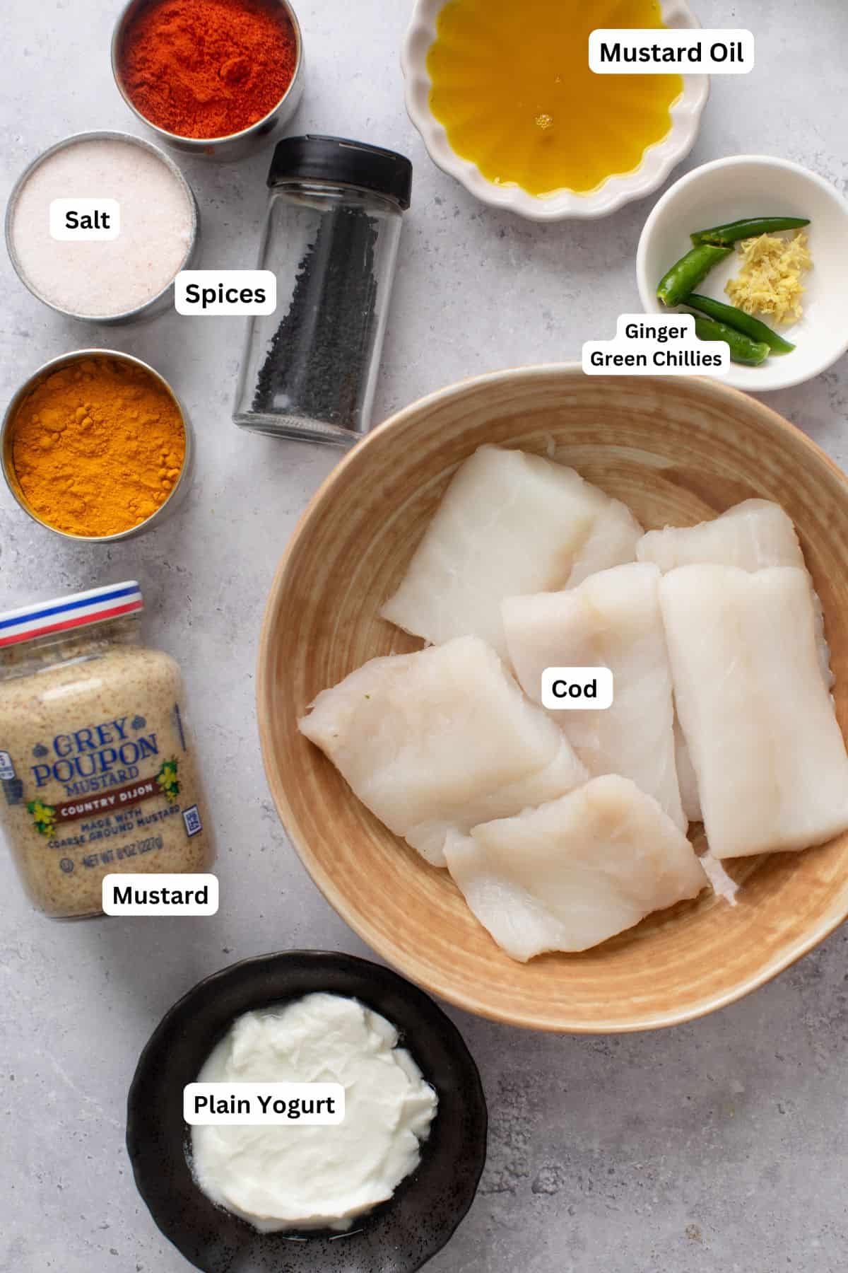 Ingredients needed to make cod curry with mustard sauce.