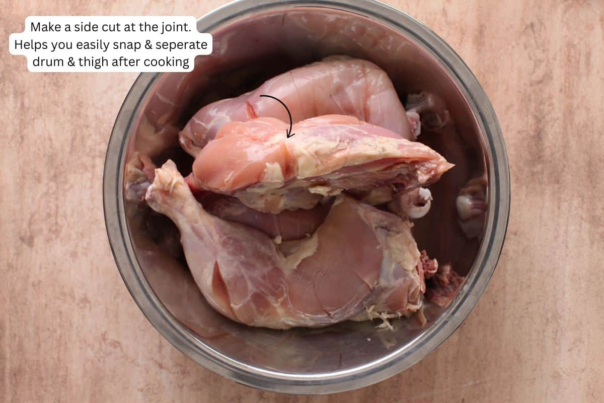 Image showing the side cut to be made in chicken leg quaters.