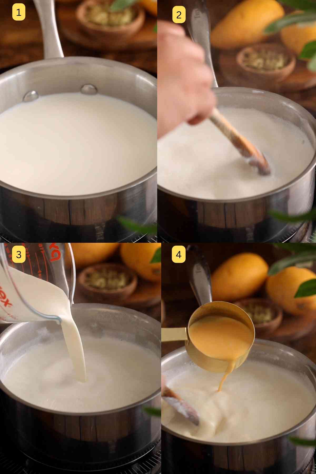 Step photos of making indian style custard.