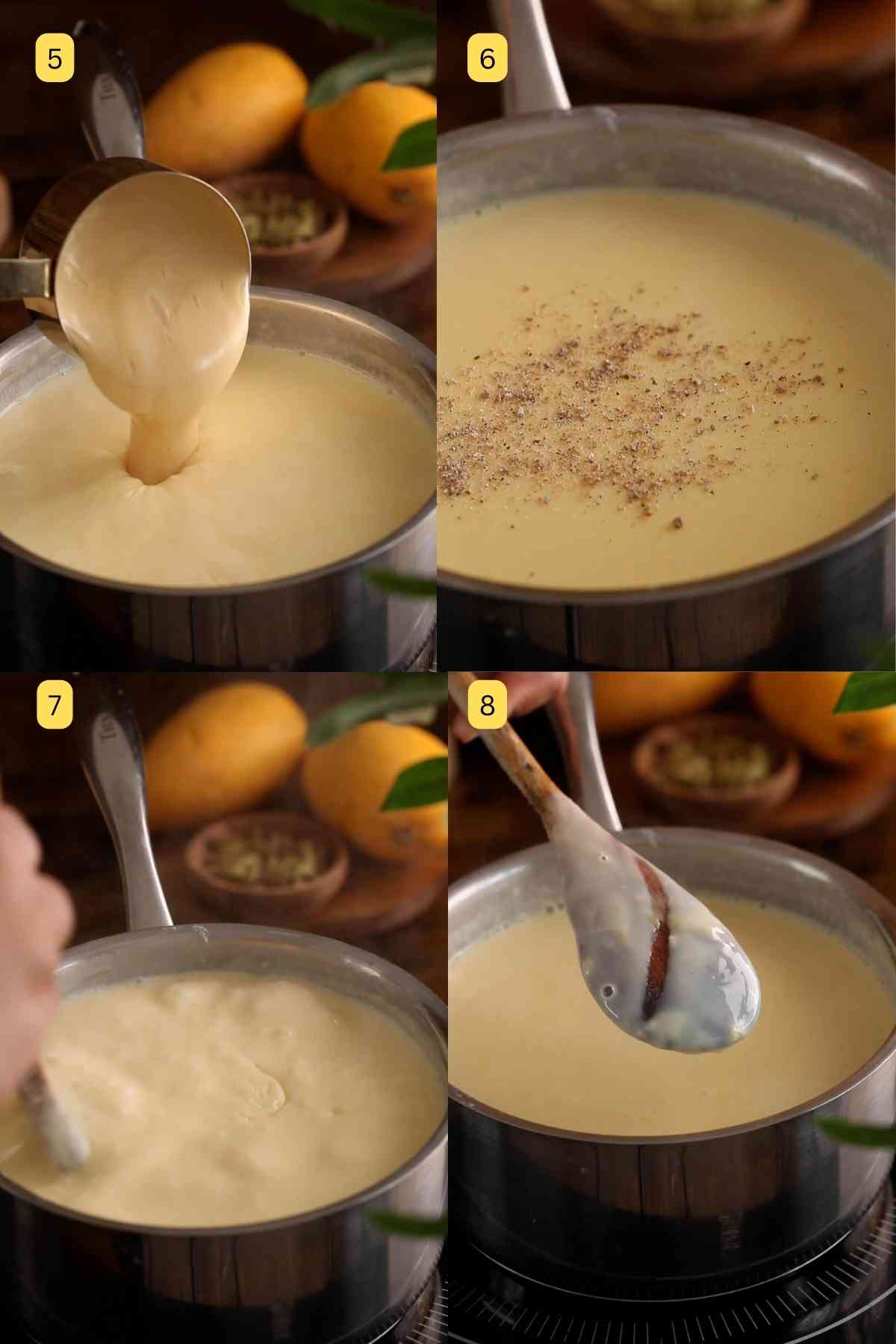 Adding condensed milk and green cardamom to milk base.