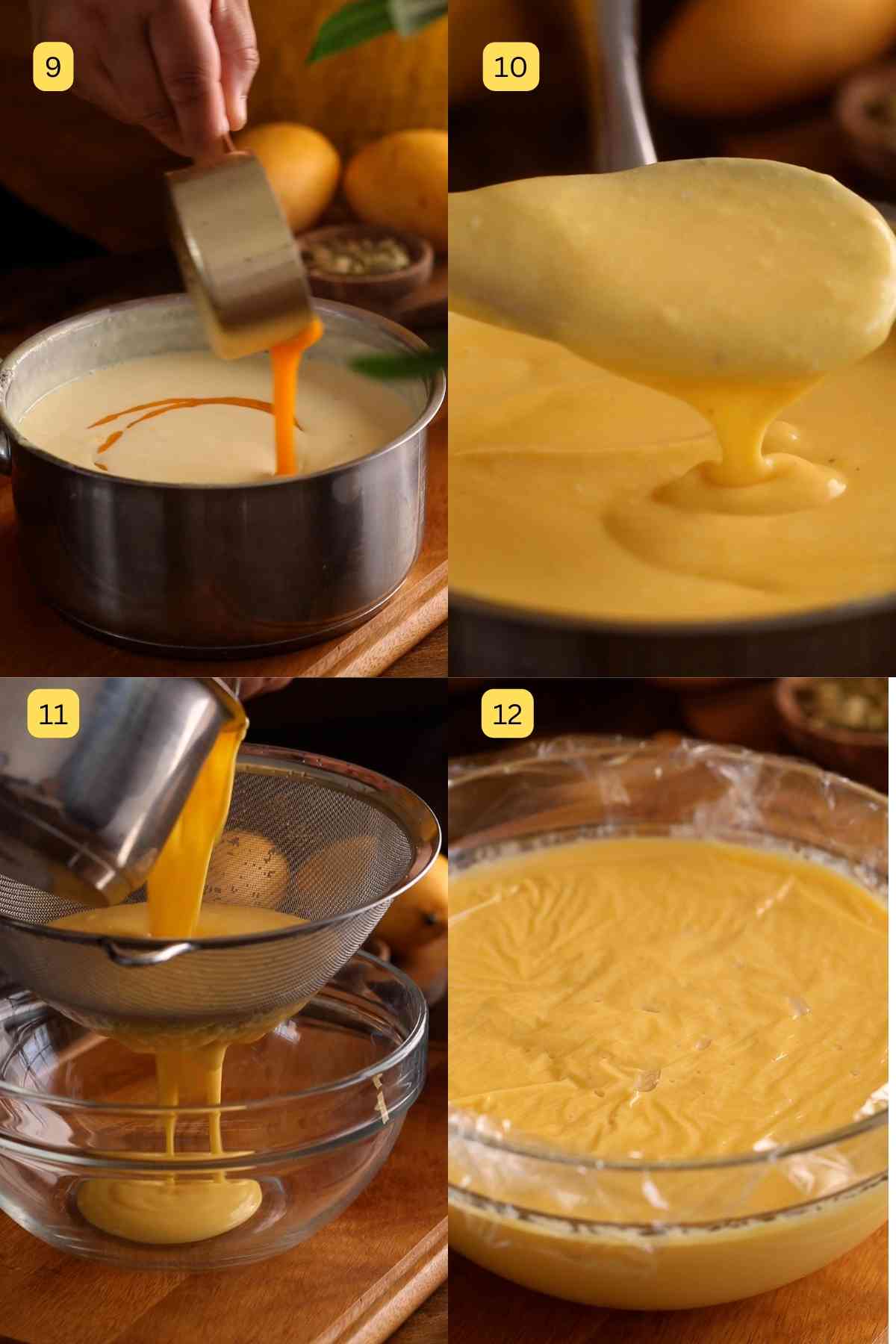 Mixing in mango puree and straining the custard.