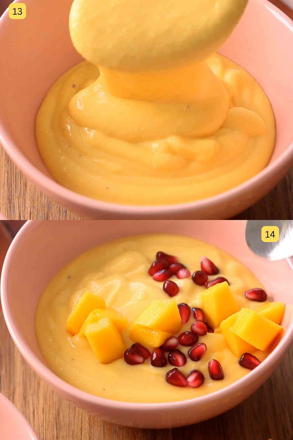 Plating mango fruit custard.