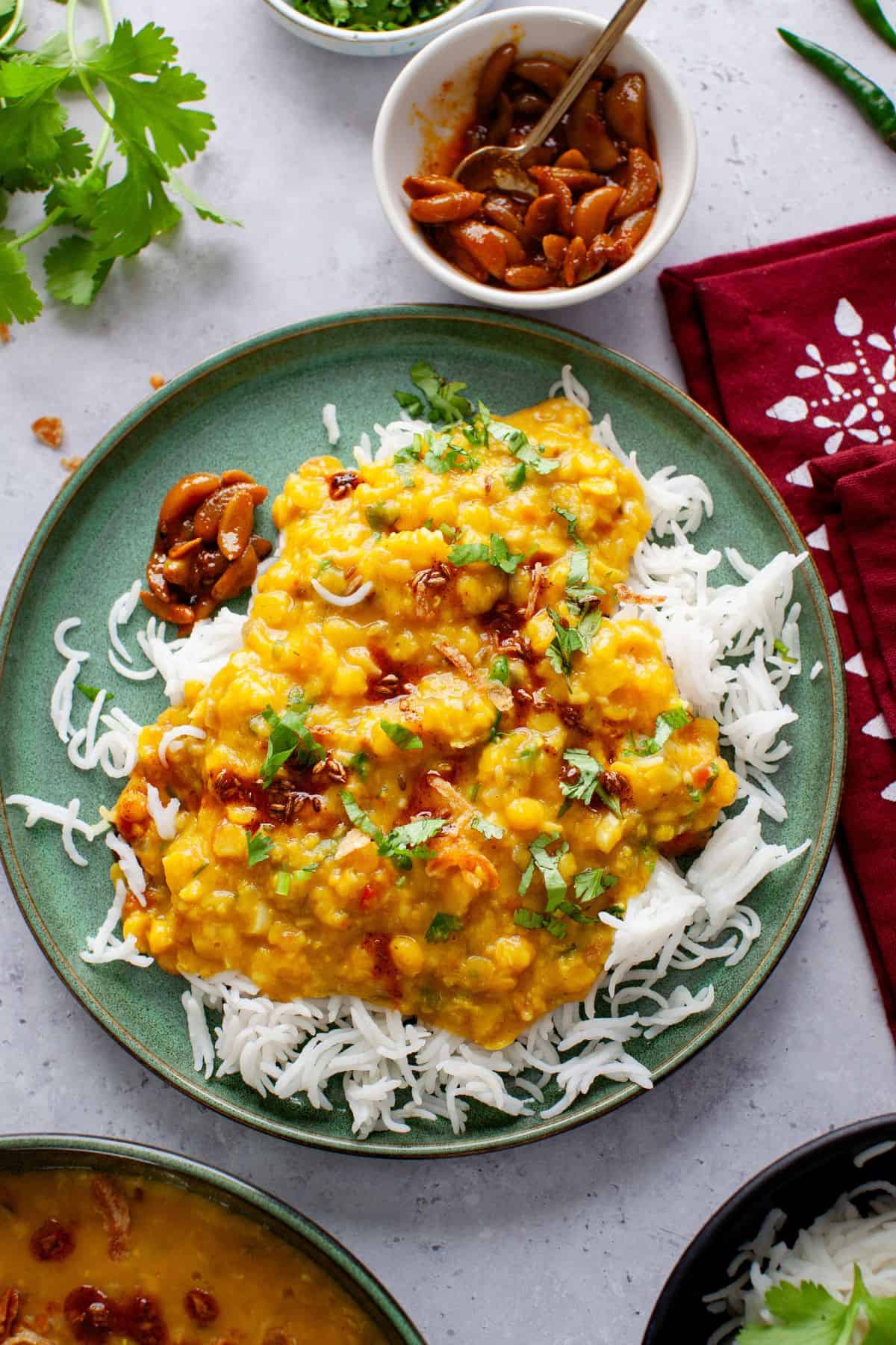 Dal tadka served over steamed basmati rice. 