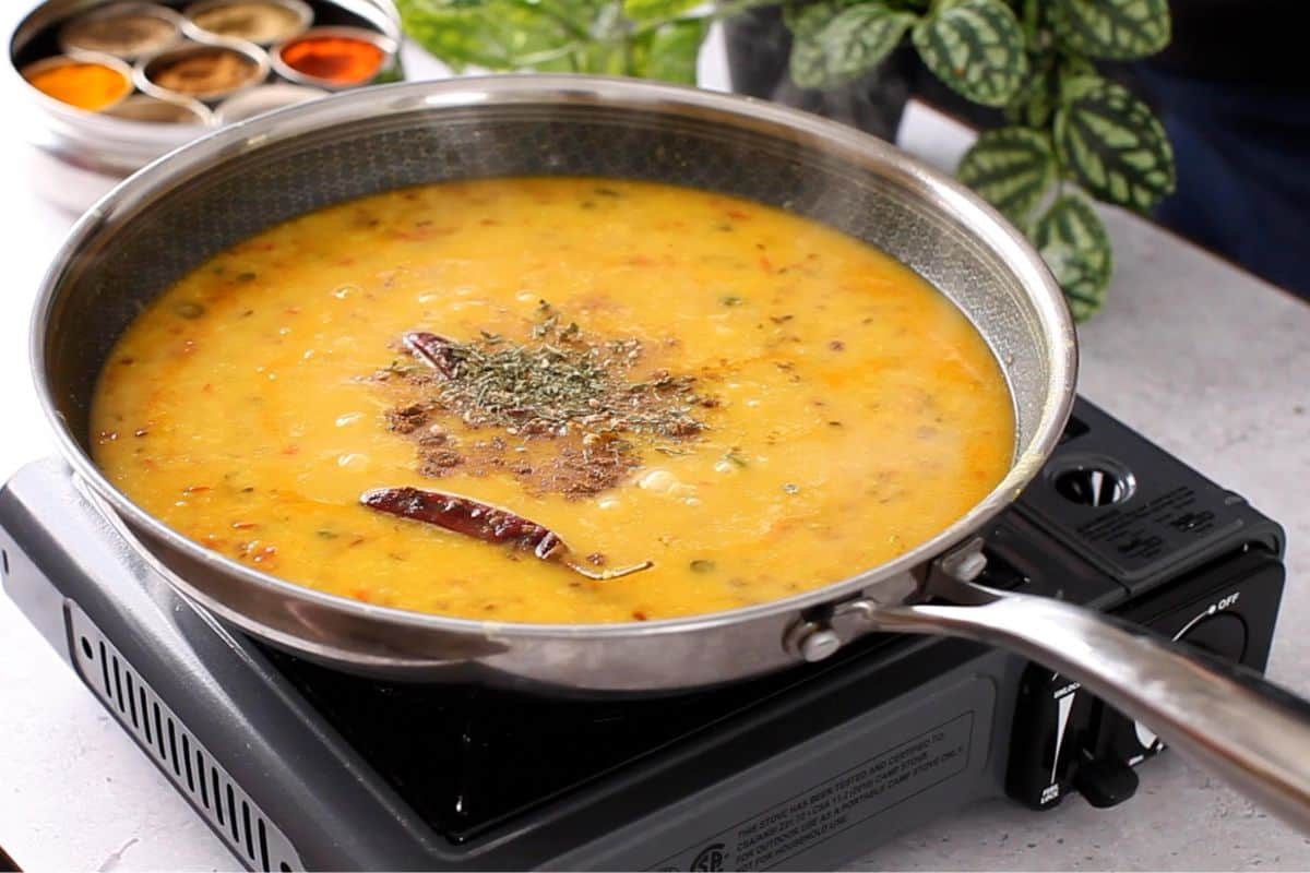Dal is finished with spices and dried fenugreek.