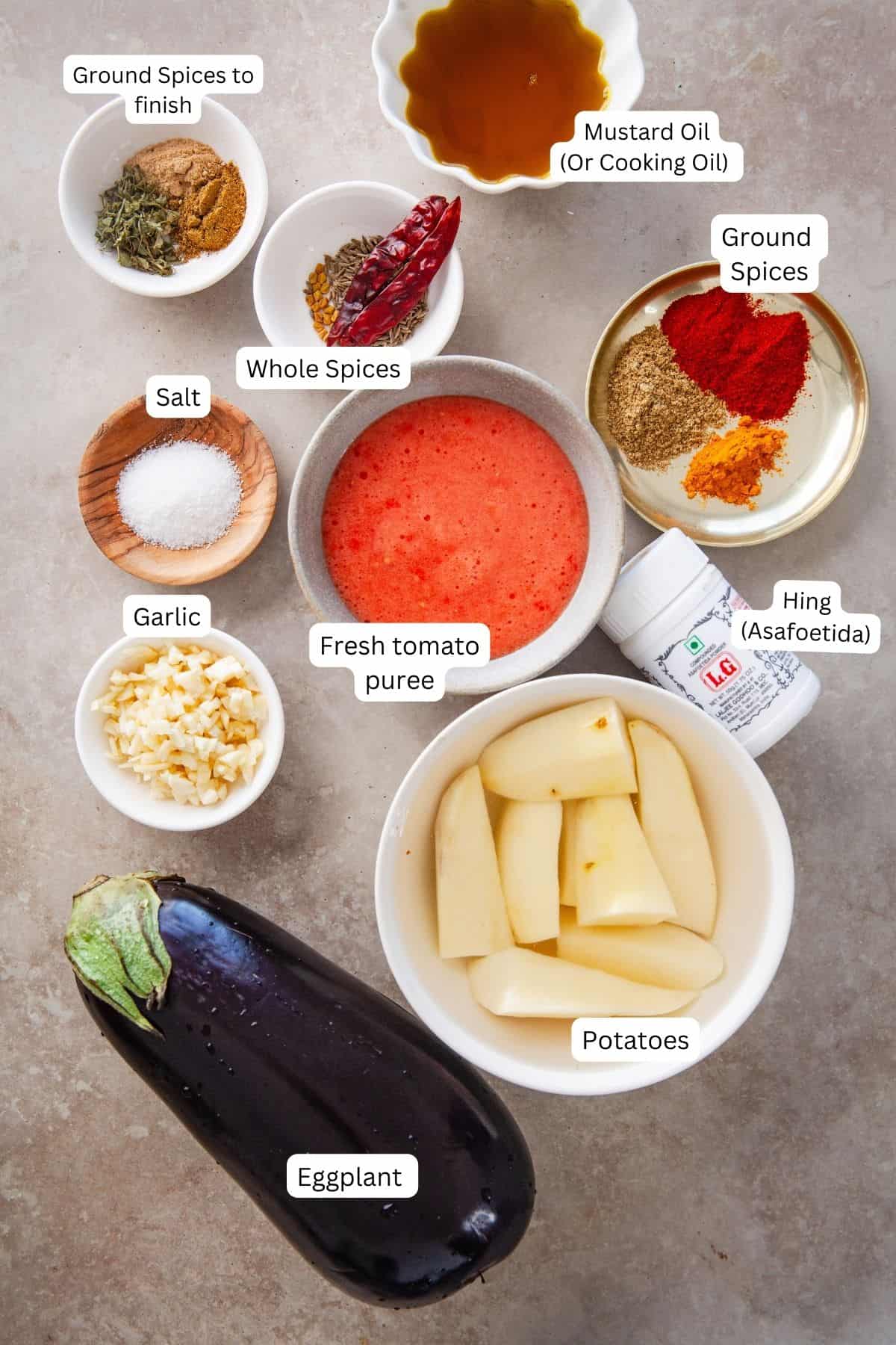 Ingredients for making baingan aloo.
