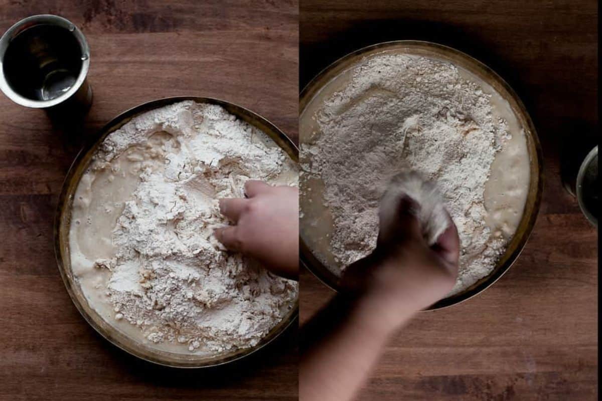 Two images side by side show a hand mixing atta and water in a round metal plate on a wooden surface,with a metal cup placed nearby.