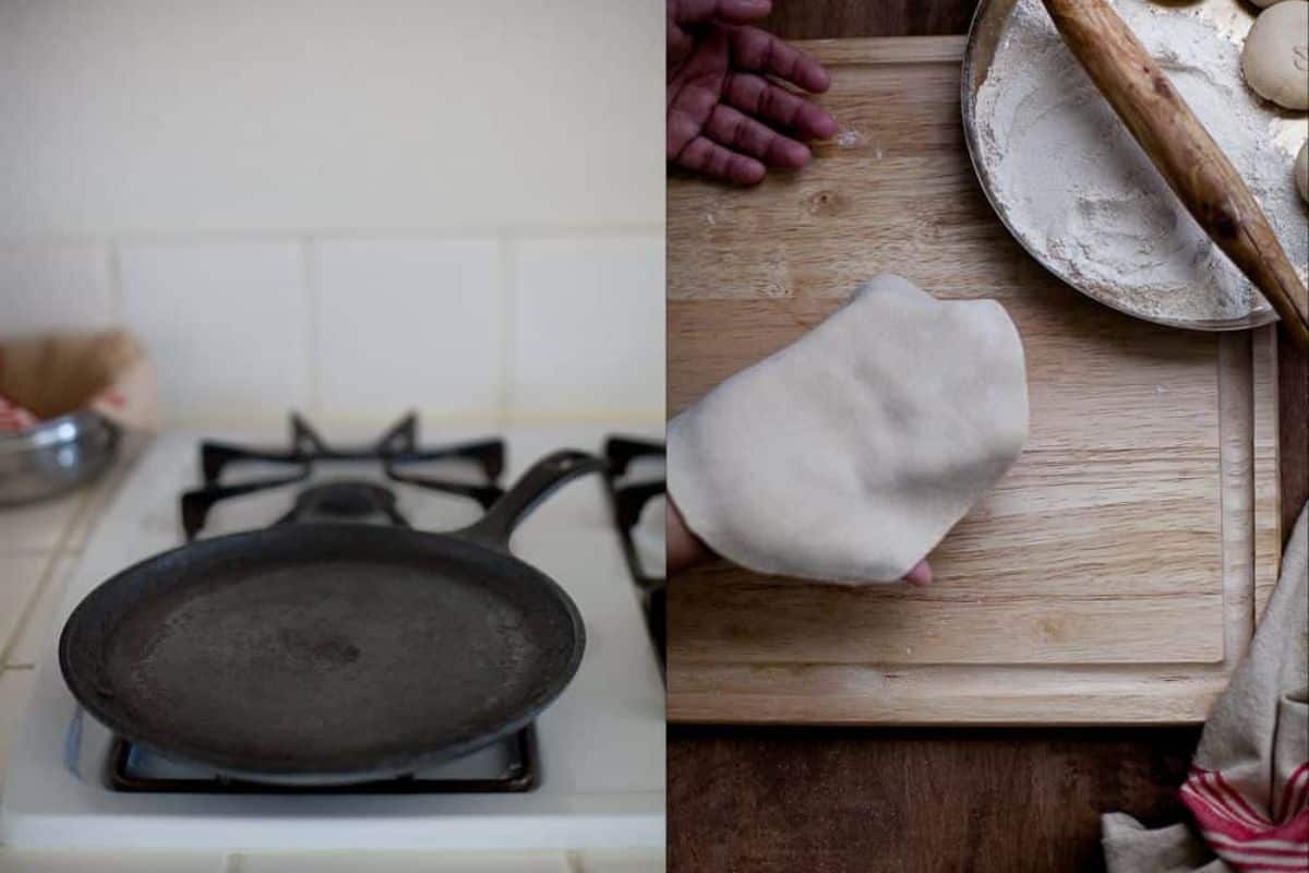 A cast iron griddle is heating up on stove and roti is lifted with hands.
