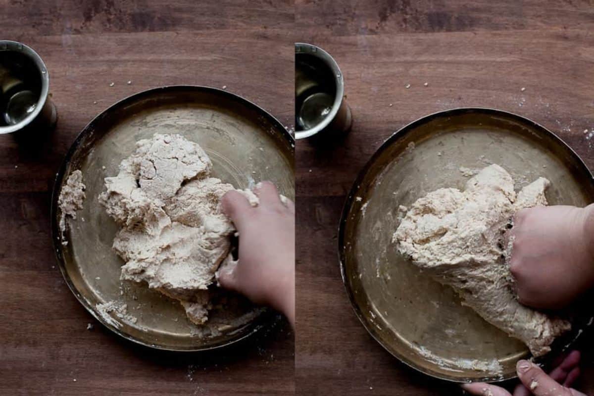 Two side-by-side images show hands kneading roti dough.The dough is being mixed and shaped by hand.