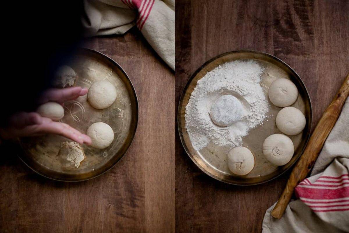 Two images side by side: left shows a hand shaping dough balls on a round metal tray; right shows four dough balls and one floured dough disc on a metal tray, with a rolling pin and cloth nearby on a wooden surface.