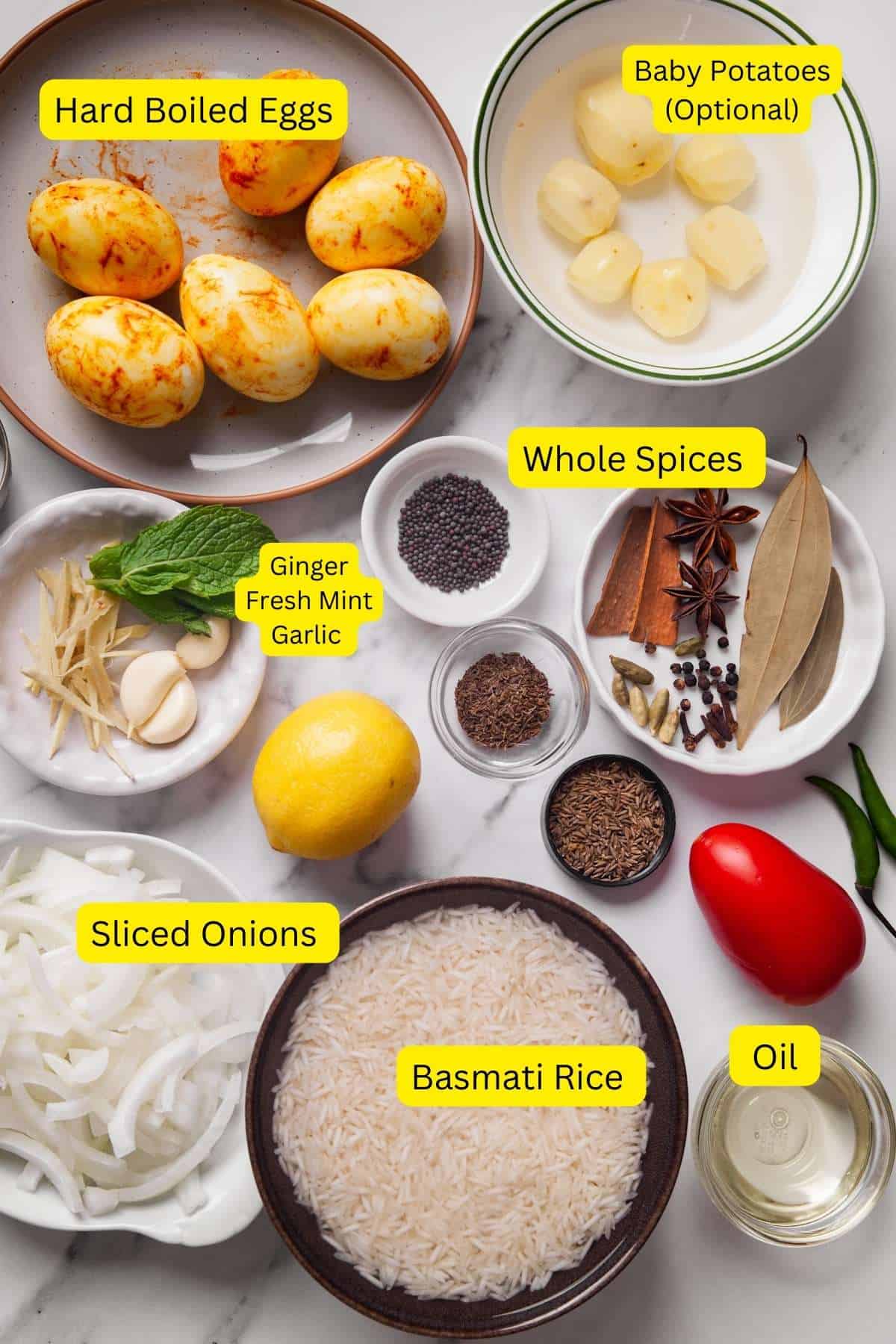 Ingredients needed for making anda(egg) pulao.