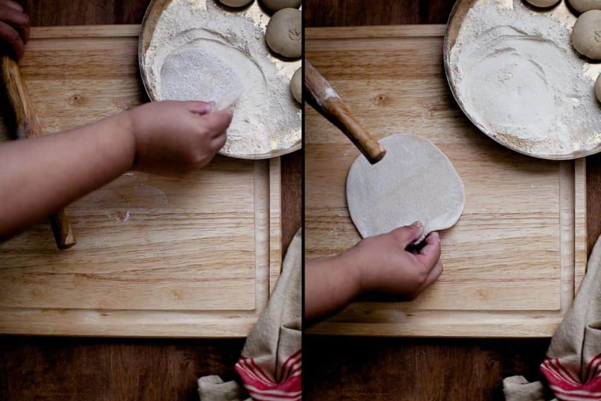 Roti is being rolled and tossed in dry flour while rolling.