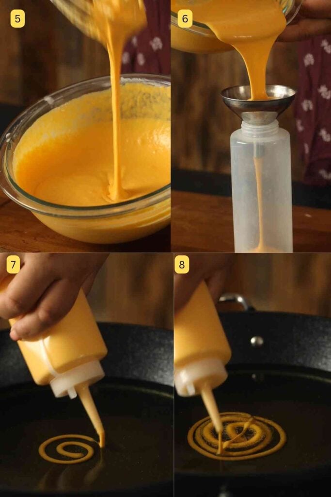 Pouring jalebi batter into squeeze bottle.