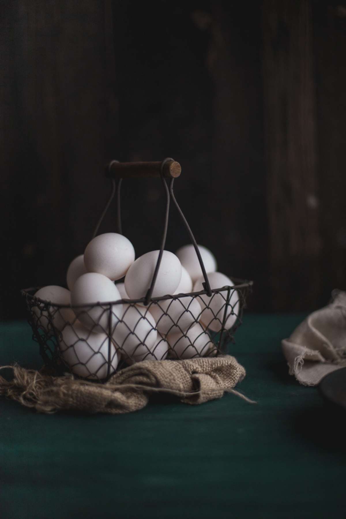 Eggs in a wire basket.