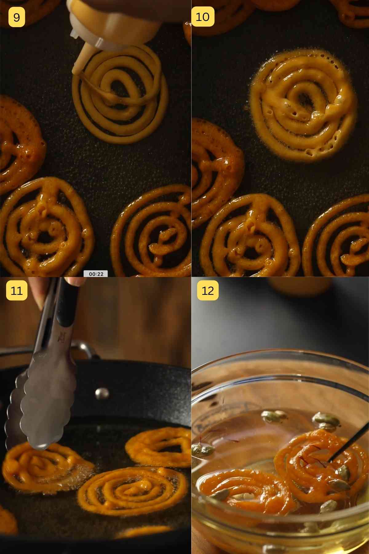 Deep Frying jalebis and soaking in sugar syrup.