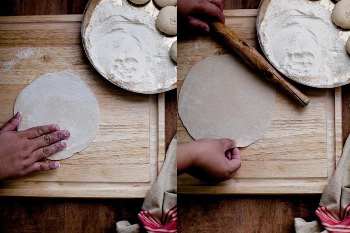 Roti is rolled into a 7inch circle on a wooden rolling board.