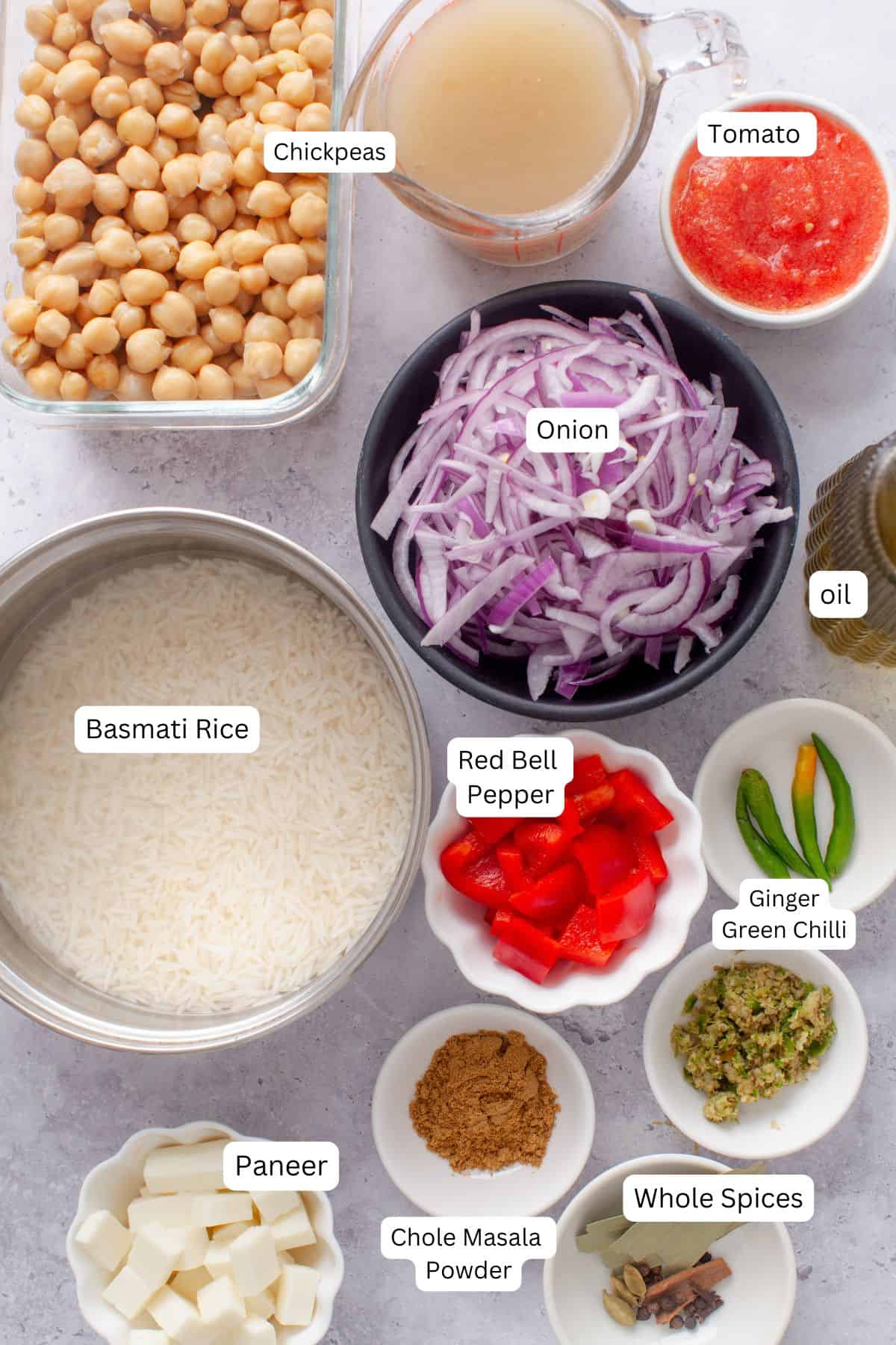 Ingredients for making chana pulao.