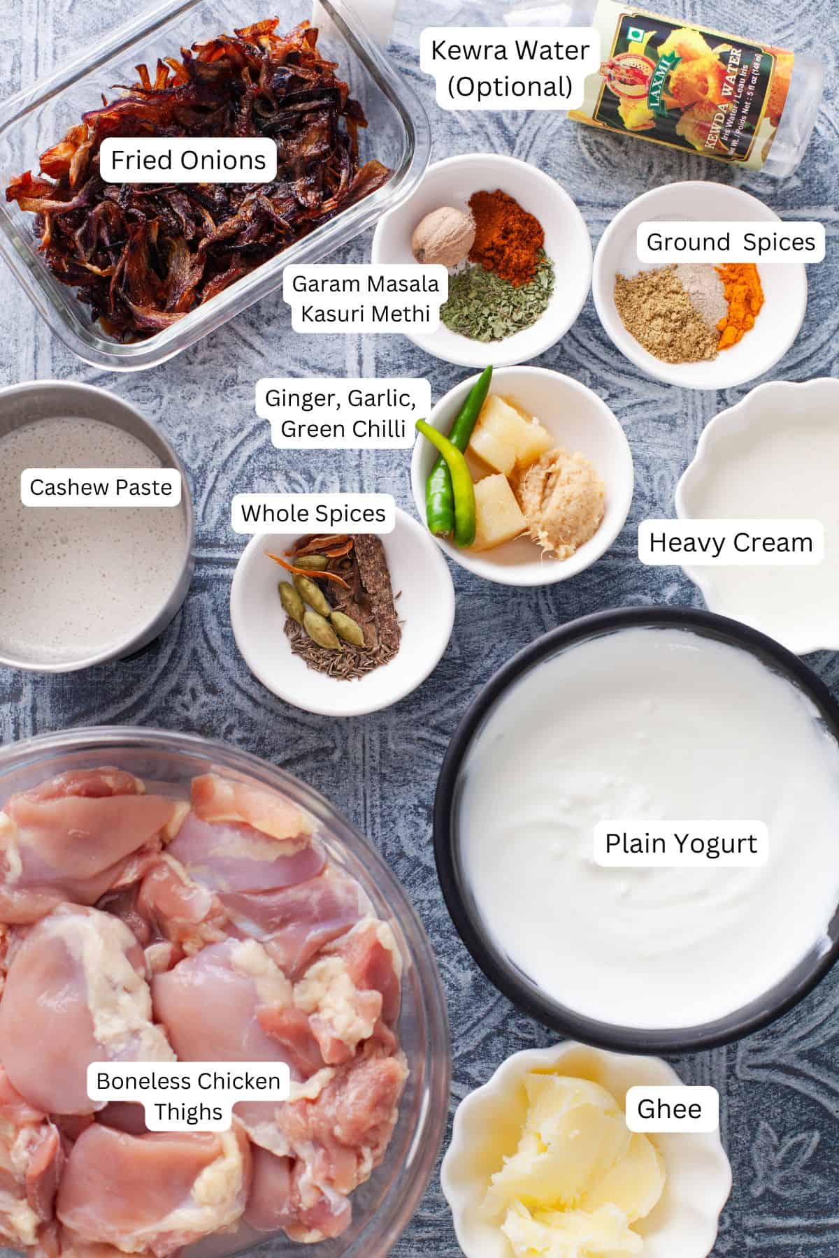 Ingredients for making chicken korma.
