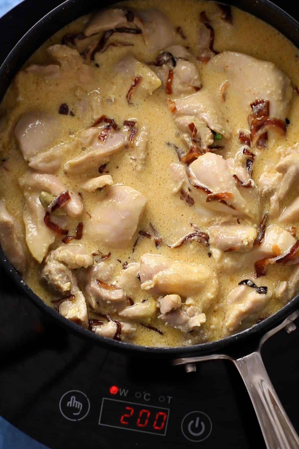 Chicken is cooking with yogurt and spices. 