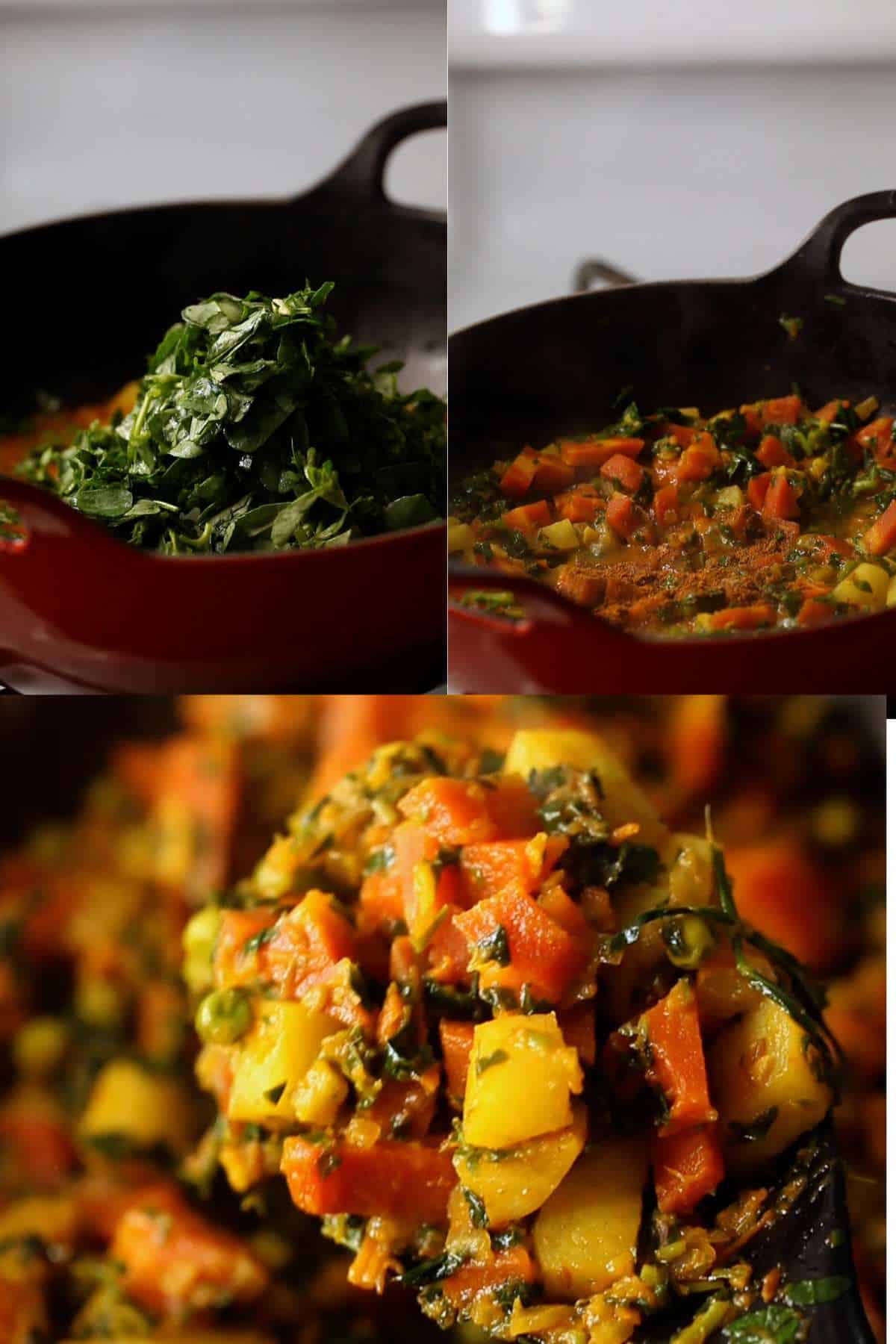 Making gajar matar aloo sabzi.