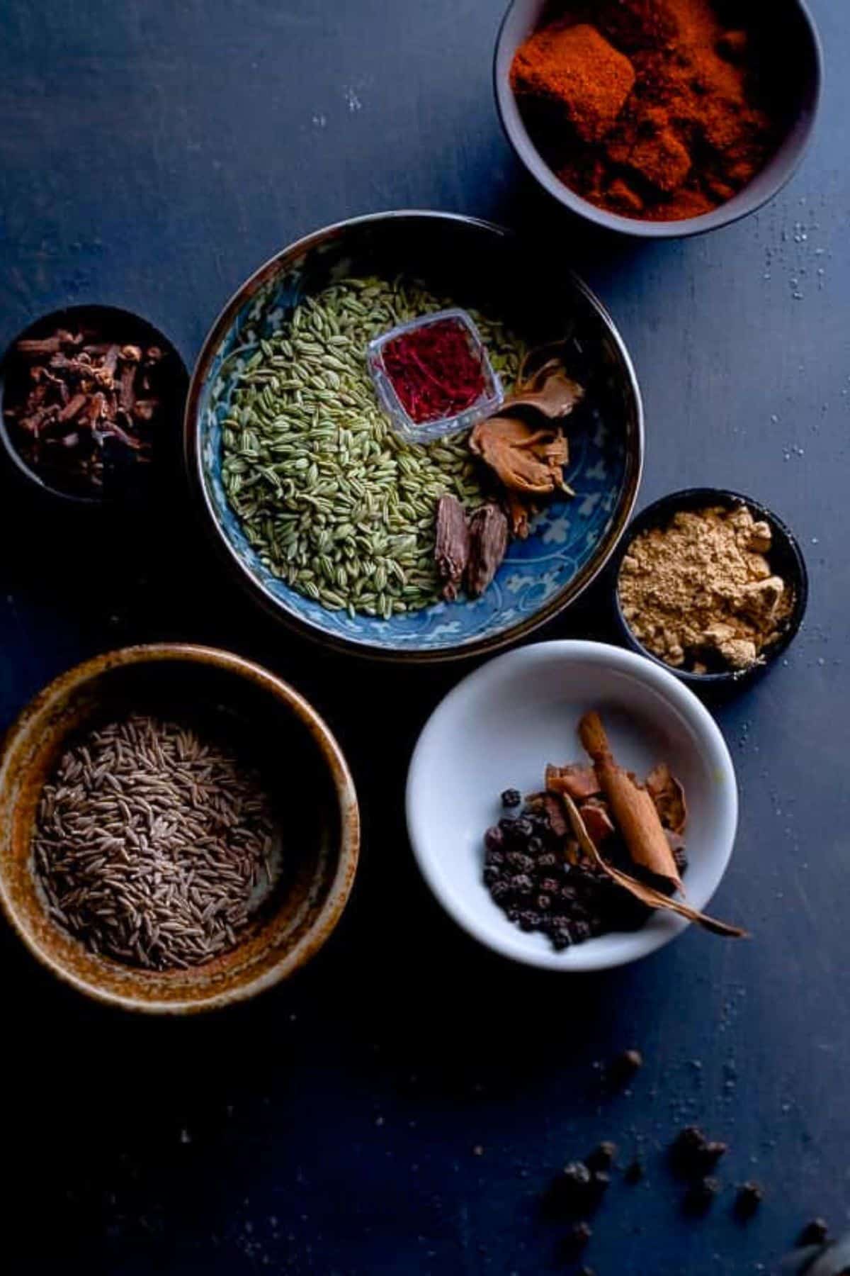 Colorful indian spices in different bowls.