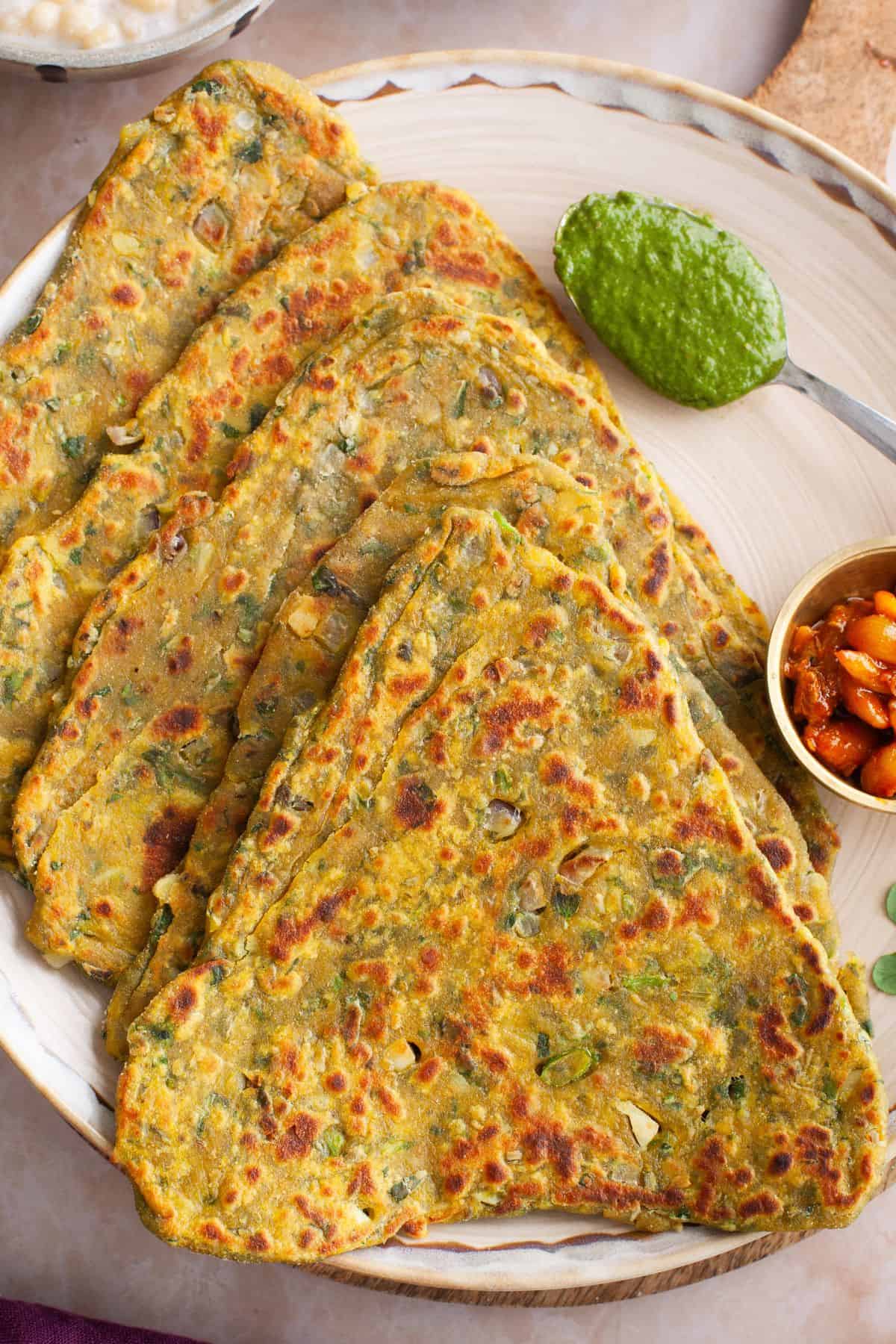 Close up of methi parathas. 